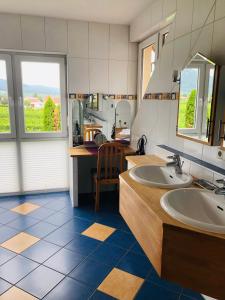 a bathroom with two sinks and two windows at Ferienwohnung Südpfalz mit Fernblick in Böchingen