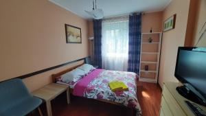 グダニスクにあるApartament Nowa Oliwaの小さなベッドルーム(ベッド1台、テレビ付)