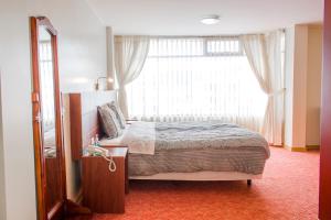1 dormitorio con cama y ventana grande en HOTEL FLOR DE LOS ANDES en Tulcán