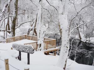 a wooden deck covered in snow next to trees at Awone Shirakami Juniko in Fukaura