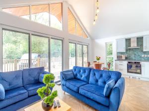 a living room with two blue couches and a table at Greenacres Cabin in Coleford