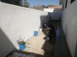 a motorcycle parked next to a wall with potted plants at Apartment Ghazoua in Essaouira