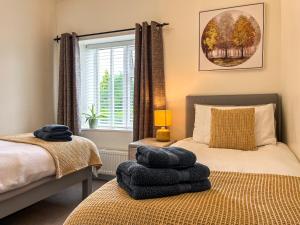 a bedroom with two beds and a window at Red Robin Cottage in Wingerworth