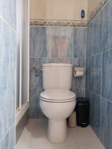 aseo blanco en un baño con azulejos azules en Private Room with Queen Bed, en Salamanca