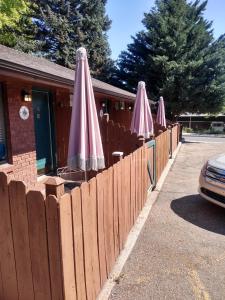 a row of pink umbrellas sitting on a fence at The Charin Inn in Clearfield