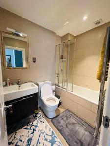 a bathroom with a toilet and a sink and a shower at Luxurious 2 bedroom apartment in Central London in London