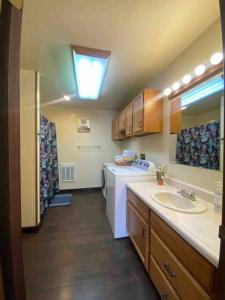 a bathroom with a sink and a washer and dryer at Parkway Yellowstone Guest House Apartment #5 in Gardiner