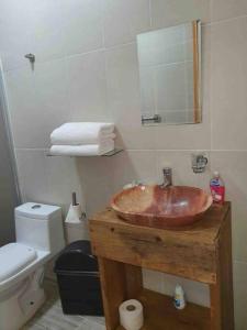y baño con lavabo de madera y aseo. en Bella Vizcaína 6 recámaras con baño privado. en Mineral de Pozos