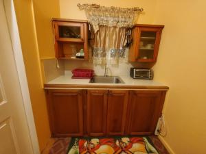 una pequeña cocina con fregadero y microondas en K&L Private Room Suites en Arima