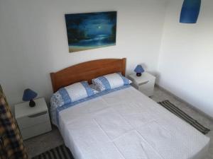 1 dormitorio con 1 cama con 2 mesitas de noche y 2 lámparas en Casa Manuel J. J. M -Alfambras, Aljezur - Quiet Country House, en Aljezur