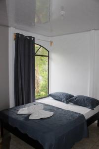 1 dormitorio con 1 cama y ventana en La Casa de la Libélula, en Coto Brus