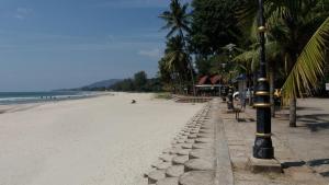 クアンタンにあるHomestay Pantai Batu Hitam Kuantan No14のヤシの木と砂浜のビーチ