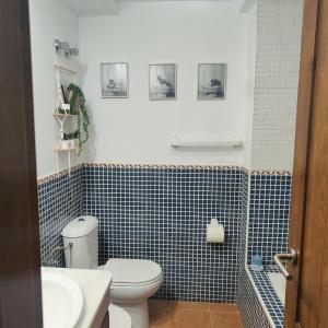 uma casa de banho com um WC branco e uma parede de azulejos azuis em Valle del Este em Vera