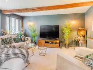 a living room with a large television and a couch at Lower Blagdon Manor in Paignton