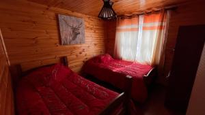 two beds in a room with wooden walls and a window at Cabaña Vista Bella in Pelluhue
