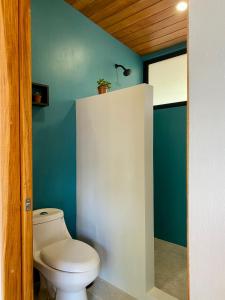 a bathroom with a toilet and a blue wall at ChicoRico Studios in Uvita