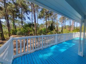 a blue deck with trees in the background at La Jenny Village Naturiste - chalet 4/6 personnes in Le Porge