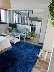 een woonkamer met een bank en een blauw tapijt bij Appartement indépendant 30 m² à 500m du lac, 2 vélos et parking fournis in Sévrier