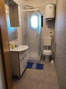 La petite salle de bains est pourvue d'une douche et de toilettes. dans l'établissement Apartment Dragi - 250 m from beach, à Supetar