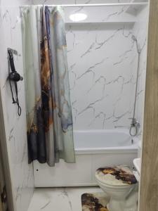 uma casa de banho com um WC e uma cortina de chuveiro em Студия №2-65 LifeHouseAlmaty в ЖК Теремки-2 em Almaty