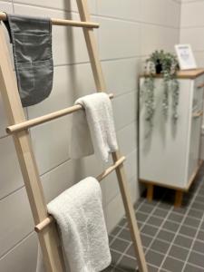 a towel rack in a bathroom with two towels at Appartements Haus Augustinus in Münster