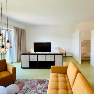 a living room with a couch and a flat screen tv at Appartements Haus Augustinus in Münster