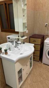 a bathroom with a sink and a washing machine at Gemütliches Haus im Herzen Albaniens in Elbasan