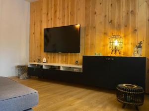 a living room with a television on a wooden wall at Appartement met topligging in Zele