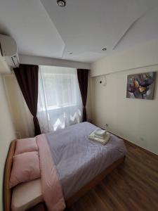 普洛耶什蒂的住宿－Eugenia Apartament，一间卧室设有一张大床和一个窗户。