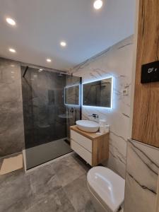 uma casa de banho com um lavatório, um chuveiro e um WC. em Citylux Grand Apartment em Zagreb