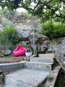 an umbrella and a red bag sitting on some stairs at A Casa da Rapariga de Cabelo Azul in Manteigas