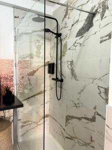 y baño con ducha y paredes de mármol. en Monaco Cap d’ail Studio & jardin, en Cap d'Ail