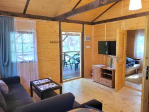 ein Wohnzimmer mit einem Sofa und einem TV in der Unterkunft Domek letniskowy MAJA in Turawa