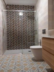 y baño con ducha y aseo. en Casa Albaitar Jardin privado exclusivo clientes en Azcona