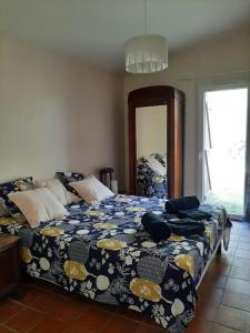 a bedroom with a bed with a comforter and a mirror at Au cabanon de Lisle in Lisle-sur-Tarn