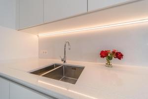 een keuken met een wastafel en een vaas met rode bloemen bij Le Calme des Dunes in Koksijde +32 foto's