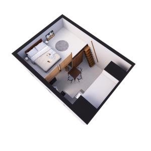 Una habitación con cama y escritorio en homebydoni - Küche I Terrasse I 1000 Mbits WiFi I Design Loft nahe RMCC & Staatstheater, en Wiesbaden