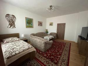 sala de estar con cama y sofá en Apartmány U sv. Anny en Kadaň