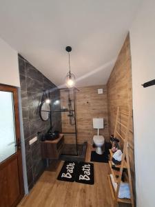 W pokoju znajduje się łazienka z umywalką i toaletą. w obiekcie The Green House w mieście Timişoara