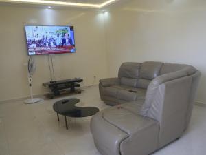 a living room with a couch and a flat screen tv at chez Mamanta in Saint-Louis