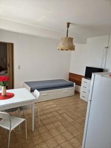 Zimmer mit einem Bett, einem Tisch und einem Kühlschrank in der Unterkunft Vila Lidus in Brist