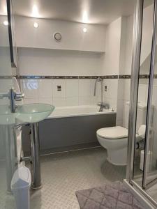 a bathroom with a sink and a toilet and a tub at City Centre 2 Bed Duplex Flat in Nottingham
