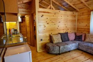a living room with a couch in a log cabin at Tugay Hotel in Fethiye