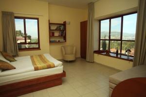 a bedroom with a bed and two windows and a chair at Gilboa Guest House - Benharim in Gid‘ona