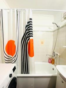 La salle de bains est pourvue d'une baignoire et d'un rideau de douche. dans l'établissement 1-комнатная квартира, à Pavlodar