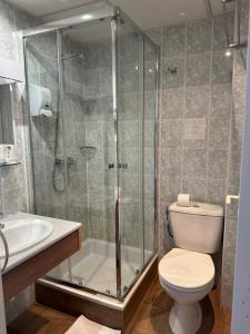 a bathroom with a shower and a toilet and a sink at Hotel Edelweiss in Auron