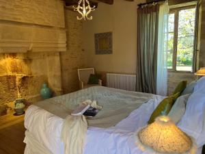 ein Schlafzimmer mit einem Bett und einem Kronleuchter in der Unterkunft Les Maisons d'Antan 5 étoiles in Saint-Geniès