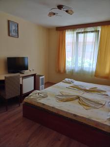 um quarto com uma cama, uma secretária e uma janela em Apart Hotel Hetodon em Sozopol