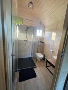 a bathroom with a shower and a toilet at ŻURAWISKO - domki letniskowe Jarosławiec in Jarosławiec