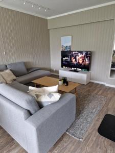 sala de estar con sofá gris y TV en Large apartment - Perfect for Aqua Nor, en Trondheim